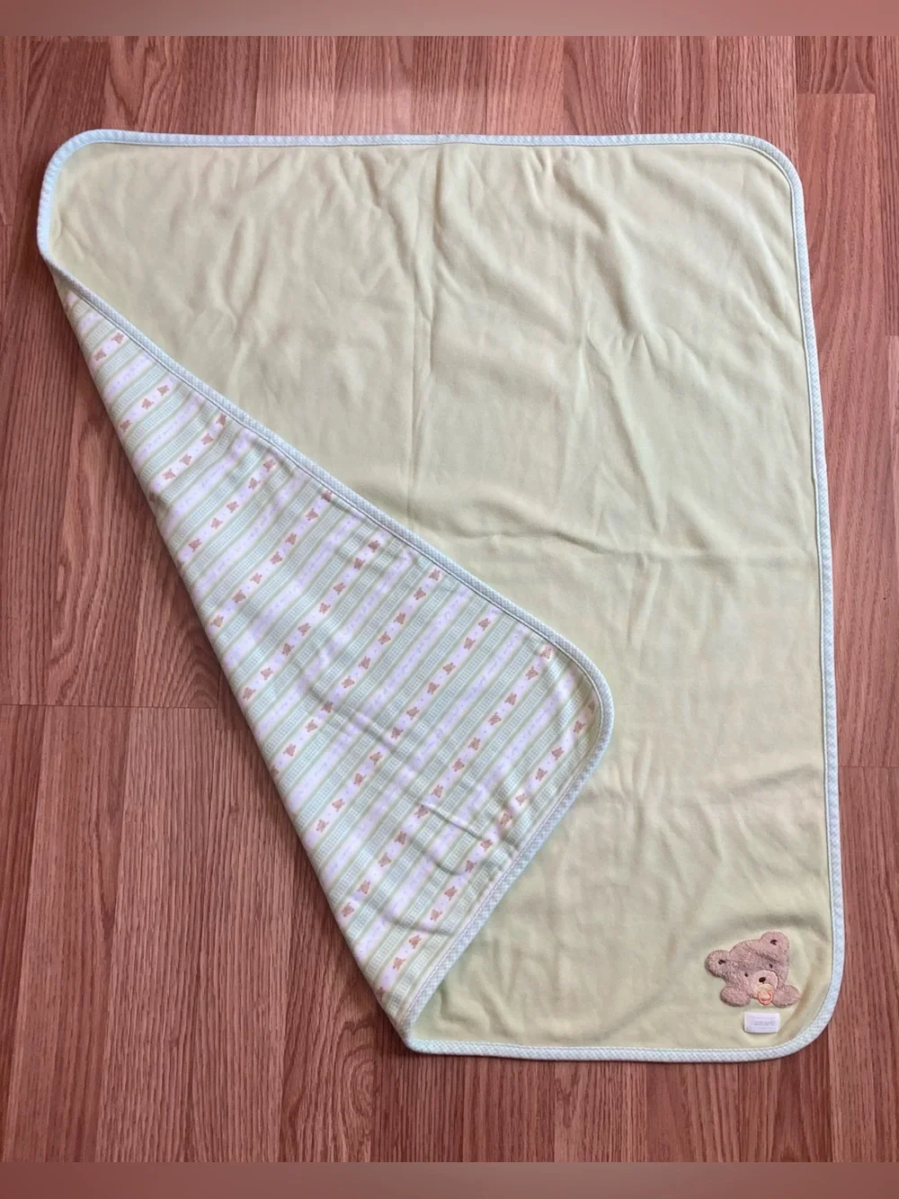 Carters Joy Is Baby Blanket Teddy Bear Green Gingham Trim Stripes 26 x 30